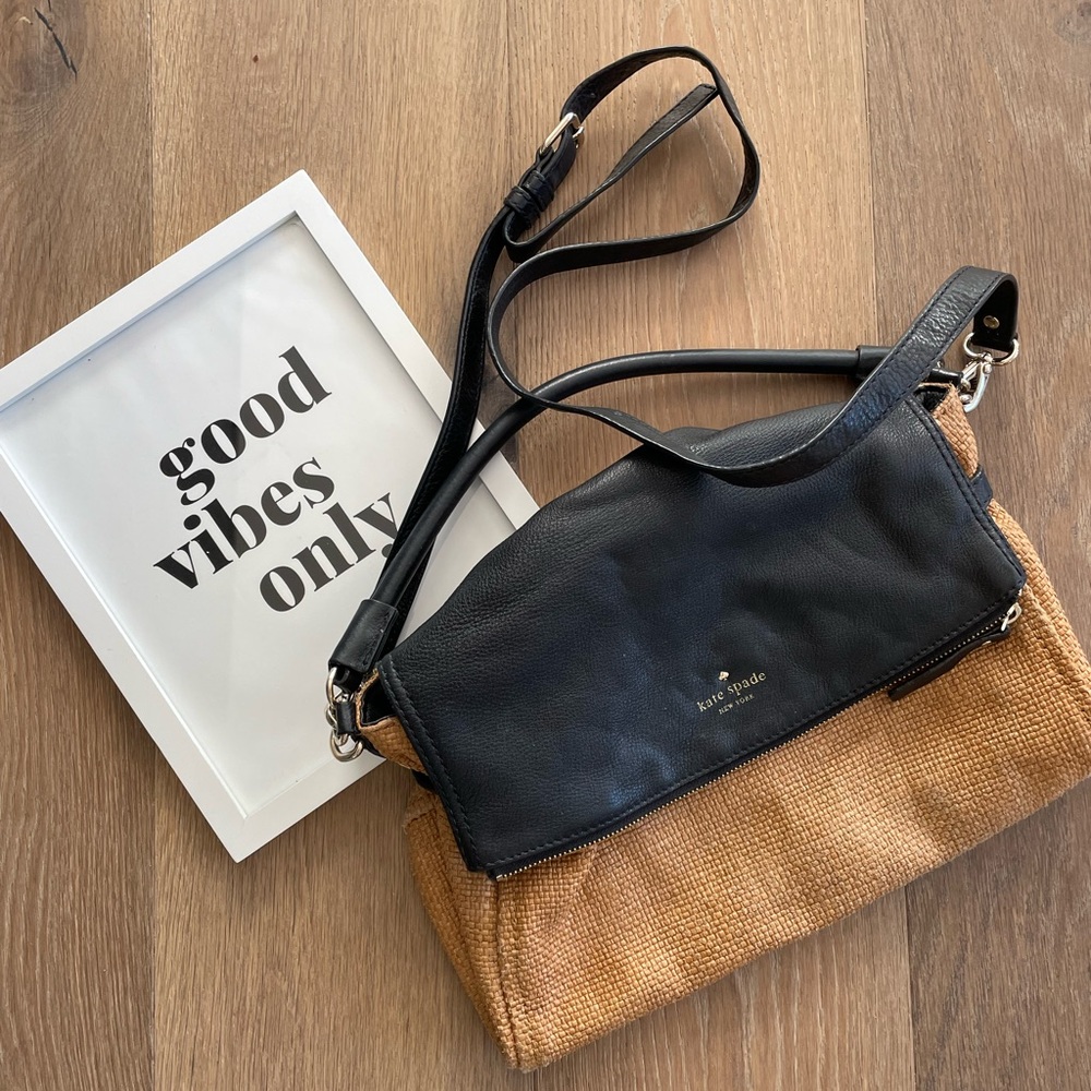 kate spade Minka Cobble Hill Straw and Black Leather Two-Tone Crossbody Bag
